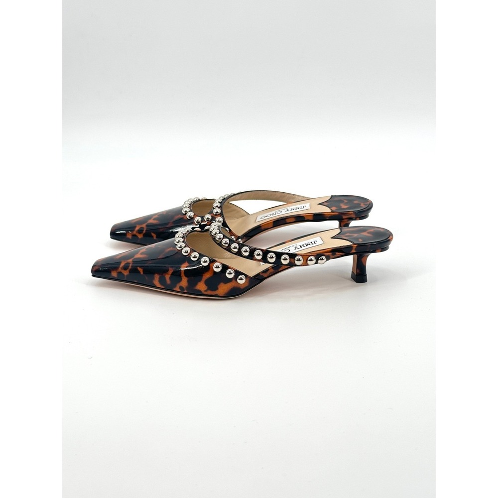 Jimmy Choo Ros 35 Tortoise Shell Patent Leather Studded Mules 36 / 6 Kitten Heel - Picture 6 of 9